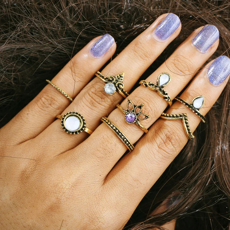 

SHUANGR 8pcs/Set Charm Gold Color Stone Midi Finger Ring Set for Women Vintage Boho Knuckle Party Rings Punk Jewelry Girl Gift