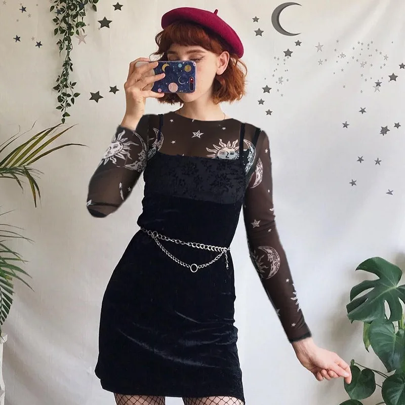 2019 Women Sexy Harajuku Mesh Tops Long Sleeve See Through T Shirt Transparent Sun Moon Star Print T-shirt Femininas Clubwear