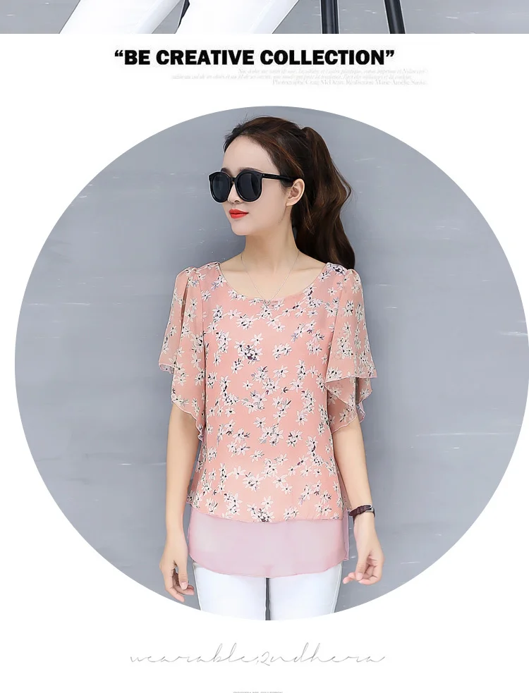 Летняя блузка корейский топ Для женщин печати шифон рубашки плюс Размеры 4XLO-Neck рукав «летучая мышь» Camisa Blusa Feminina женская одежда