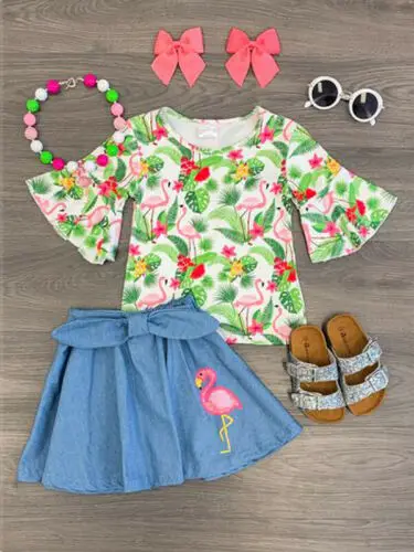 

2019 Toddler Kids Baby Girl Outfit Clothes Flamingo T-shirt Tops+Tutu Skirt Dress Set