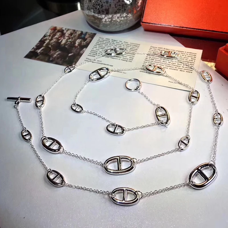 

2018 Hot Brand Pure 925 Sterling Silver Jewelry For Women Long Chain Necklace Sweater Chain Long Necklace Lock Pendant 105CM