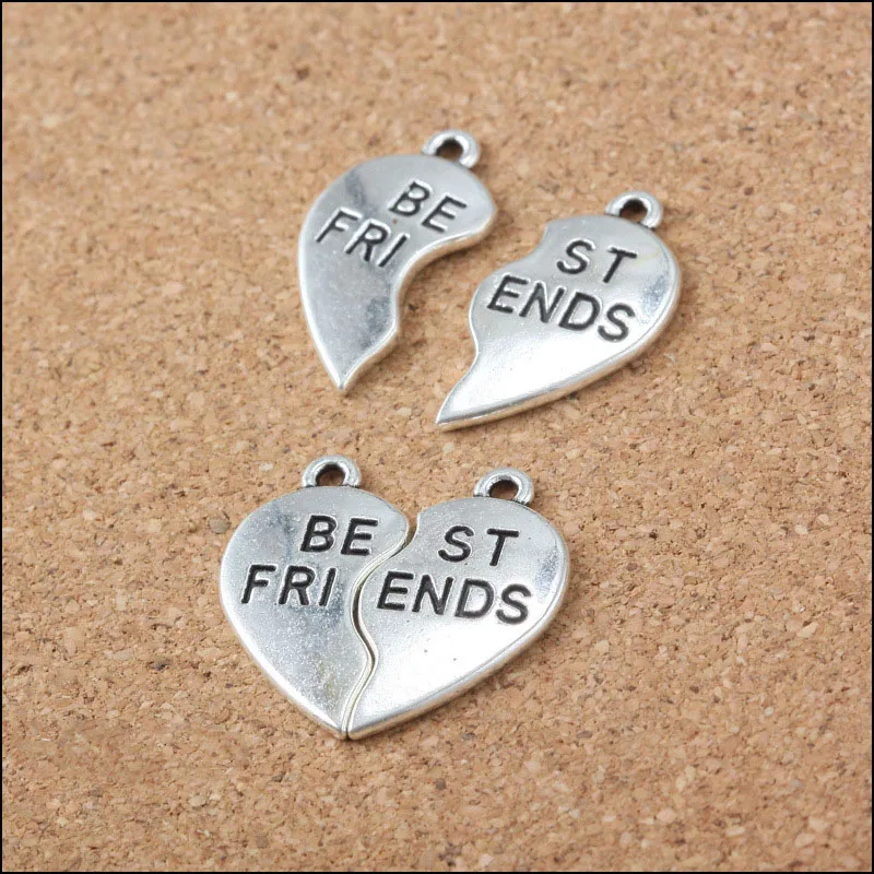 

High Quality 10 Sets/Lot 23MM*23MM Antique Silver Color Letter Printed Heart Charm Best Friends Charm Pendant For Jewelry Making
