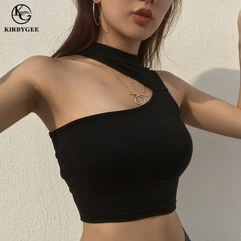 

KirbyGee Sexy Backless Halter Top Women Black Night Club Tops Off One Shoulder Crop Top Cotton Strapless Woman Bustier Top 2019