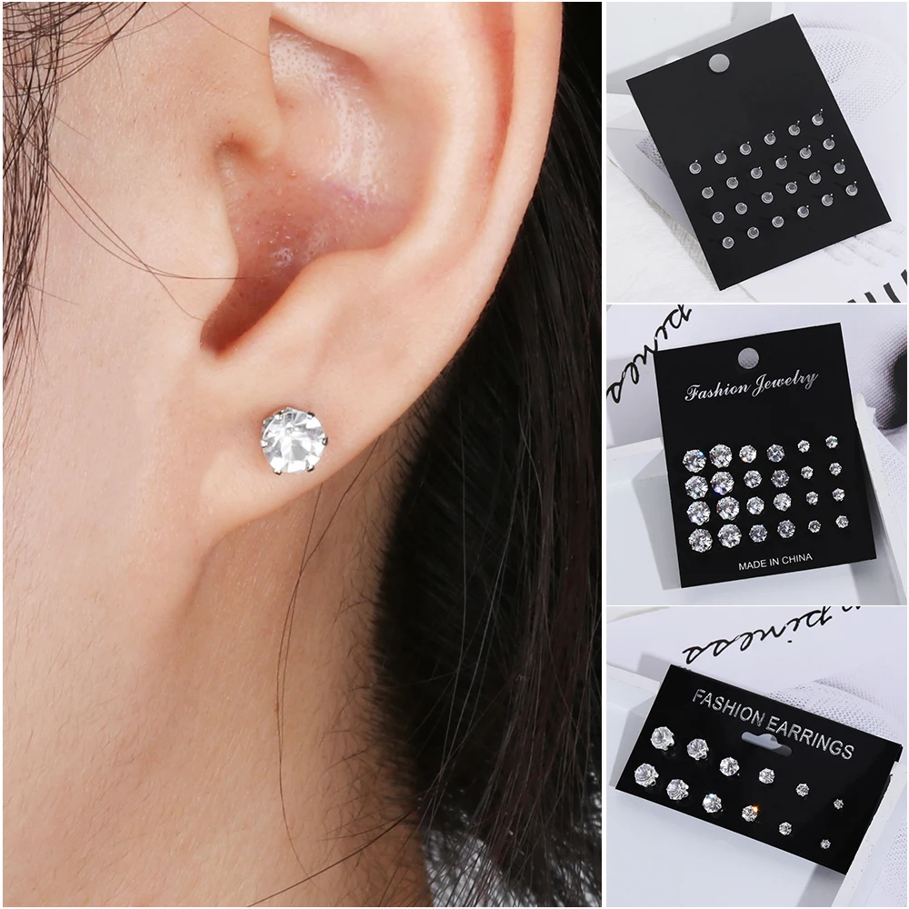 

6/12 Pairs Geometric Crystal Round Stud Earrings Set Elegant Wedding Bridal Women Silver Earring Sets Jewelry Drop Shipping