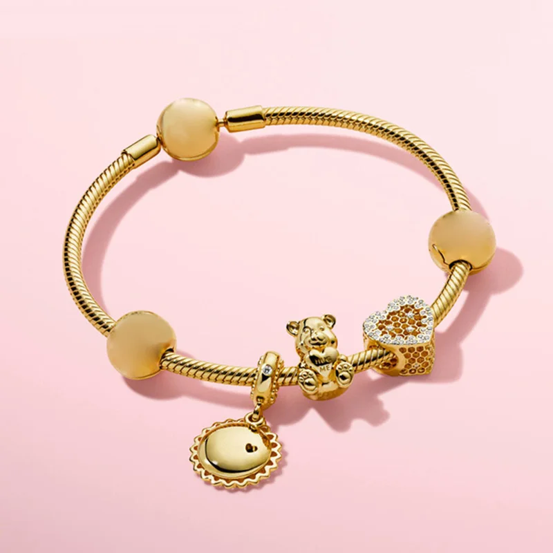 

2018 NEW 100% 925 Sterling Silver Spring Bee Series String Bracelet Set Loose Beads Bear Golden Tag Original Fashion Gift Women