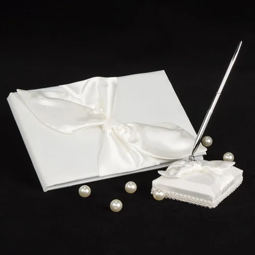 Free shipping Wedding Guest Book and Pen Set With Ivory Satin Knot