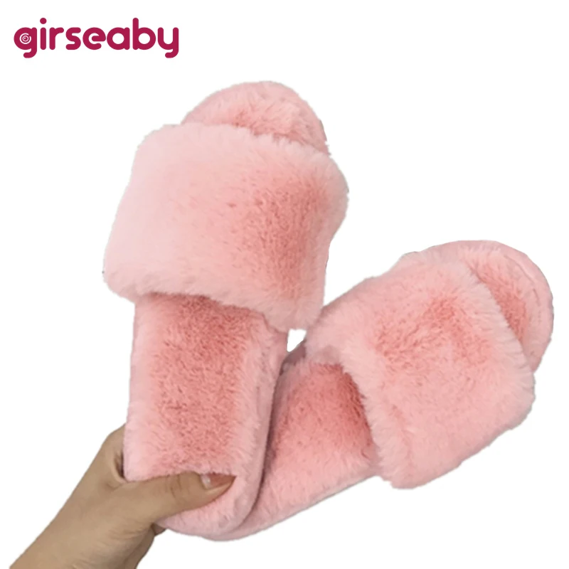 

Girseaby 2019 cute candy color Indoor slippers Women Plush shoes Flat Fluffy outdoor slippers Warm Shoes open toe Non-slip F434