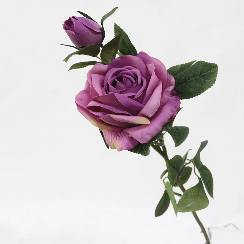 Flone 2 Heads Artificial Rose Silk Flower Fake Leaf Long Rose Buds Artificial Flowers Bouquet Home Wedding Party Decor Gift (19)