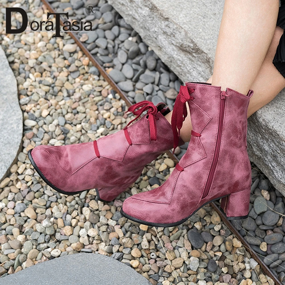 

DORATASIA Ankle Boots Woman Vintage Patchwork Zip Round Toe Spring Autumn Winter women's Boots Woman Plus Size 31-48