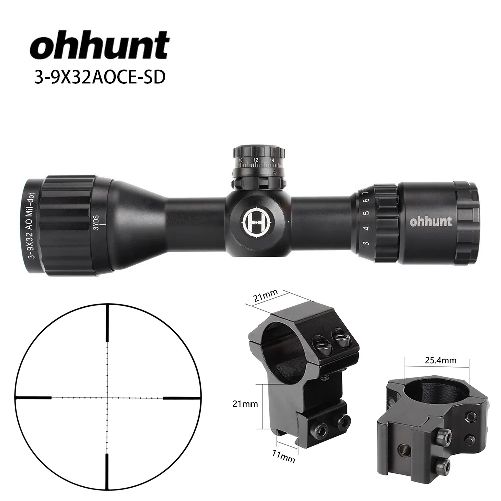 Ohhunt 3-9X32 AO компактный охотничий прицел 1/2 полумиллиметровая точечная проволочная сетка с красным зеленым освещением башенки фиксирующие оптические прицелы - Цвет: with Dovetail Rings