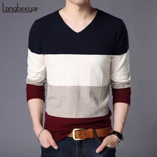 Новинка, модный брендовый мужской свитер, пуловер с v-образным вырезом, Облегающие джемперы, вязанные в полоску, Осенний корейский стиль, повседневная мужская одежда
