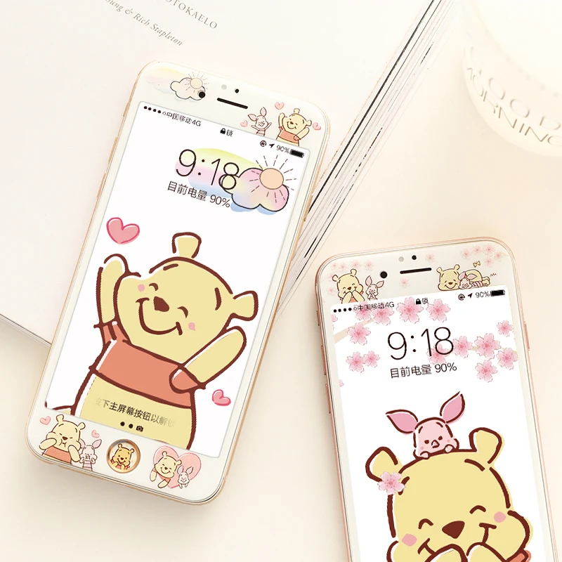 Winnie bear front film for iPhone 7/8plus cartoon soft edge tempered glass screen protector for iPhone 6 6s plus +button sticker