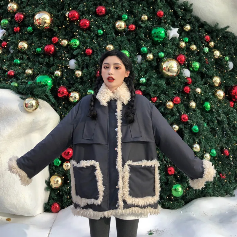 

2019 Christmas lambswool cotton splice coat women jacket female winter thickening loose cotton clothing keep warm jacket parka