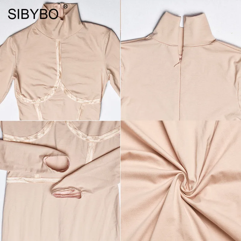 Sibybo, водолазка, хлопок, длинное платье для женщин, в стиле пэчворк, с длинным рукавом, сексуальное, облегающее платье, одноцветное, для девушек, повседневные платья