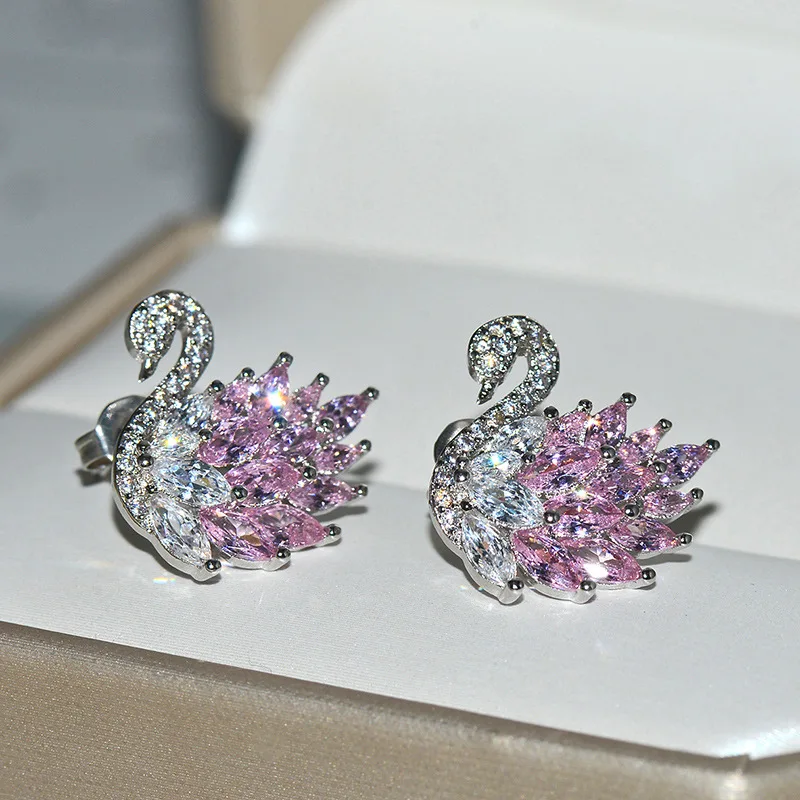 Cute Swan colorful Rhinestone Stud Earrings for Women Fashion Animal Jewelry Elegant Earrings As Birthday Gifts - Окраска металла: KYED0172PK