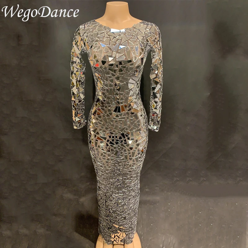 

Women Sexy Long Mesh Mirrors Dress Sequins Big Stretch Costume Stage Dance Wear See Through Evening Birthday Celebrate Dress
