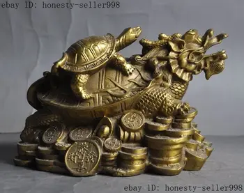 

6"Chinese fengshui brass wealth Money Longevity dragon turtle Tortoise statue