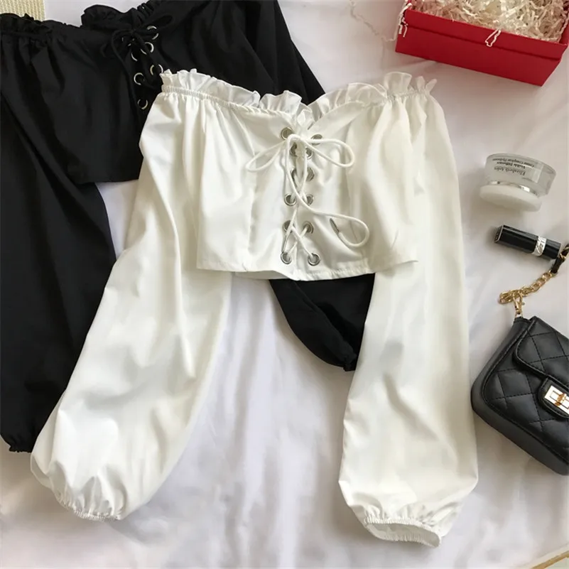 

Women Blouse Summer Autumn Lantern Sleeve Short Shirt Slash Neck Off Shoulder Blouses High Waist Lace Up Blusas Crop Tops RH1920