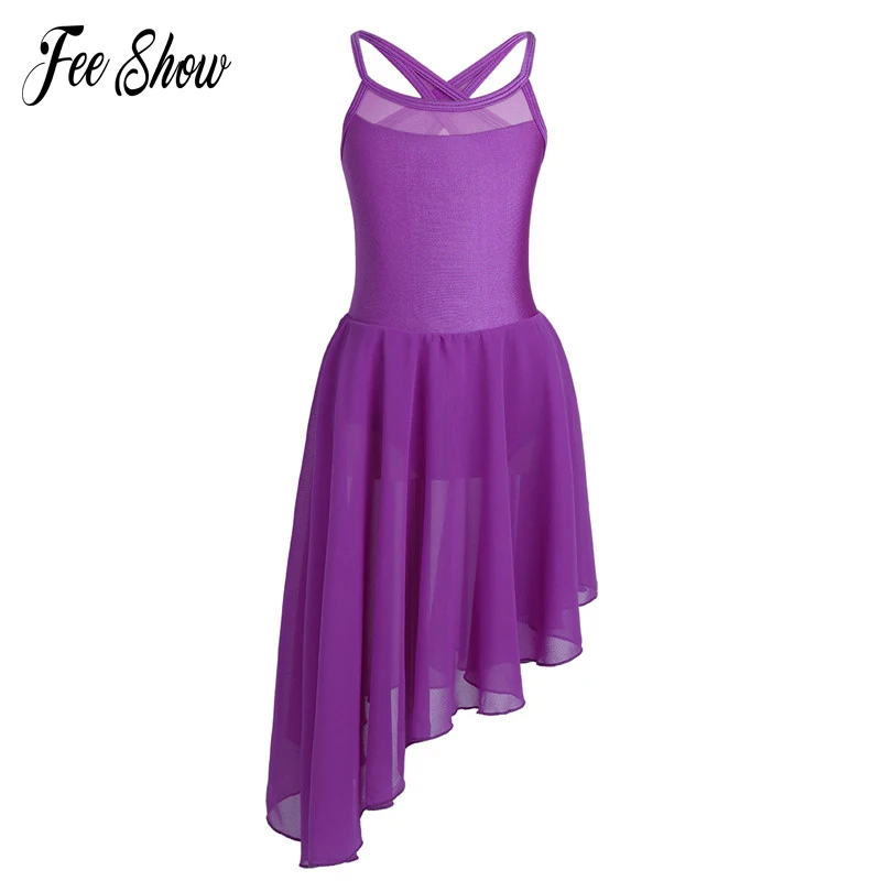 

Girls Mesh Splice Ballet Dress Spaghetti Shoulder Straps Cutout Back Irregular Hem Ballet Dance Gymnastics Leotard Tutu Dresses