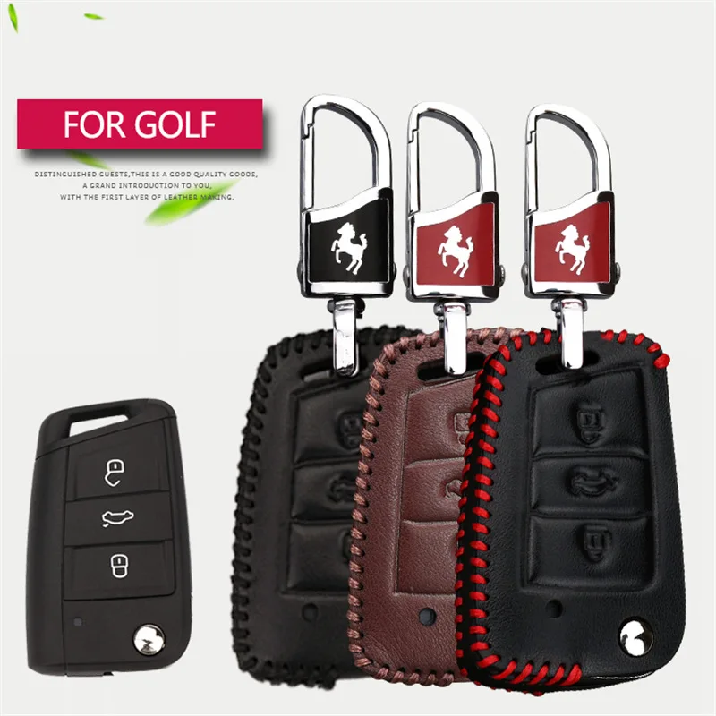 Per Vw Golf Caso Chiave Del Cuoio Genuino Della Catena Chiave Dell'Automobile Copertura Di Chiave Per Il Golf 3 5 7 4 6 Gti Mk7 Mk2 Mk4 3 Bottoni Smar