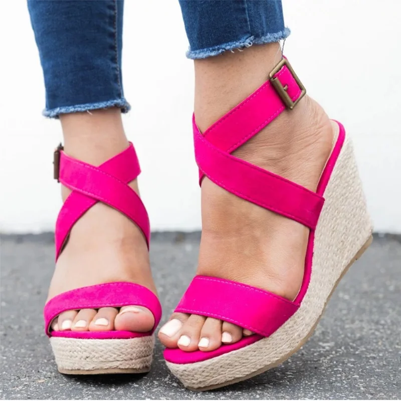 

Shoes Woman High Heel Platform Flock Buckle Summer Platform Sandals Open Toe High Heels New Adult High Quality Footwear MM-024