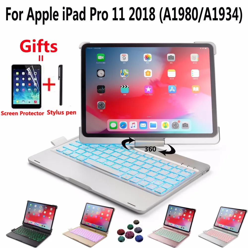

7 Backlit 360 Rotating Bluetooth Keyboard Case for Apple iPad Pro 11 2018 A1980 A1934 Case Keyboard for iPad Pro 11+Film+Pen