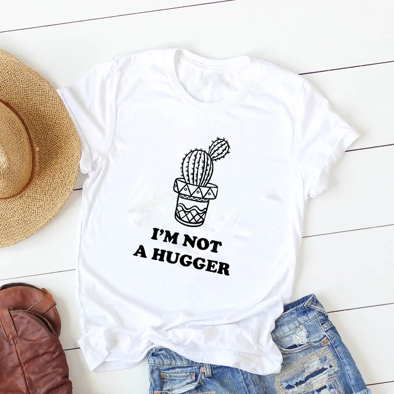 

2019 Women Shirt Cactus Not A Hugger Short Sleeve Fashion Summer WomenFemale Womens T T-shirt Graphic Printed Top Tshirt