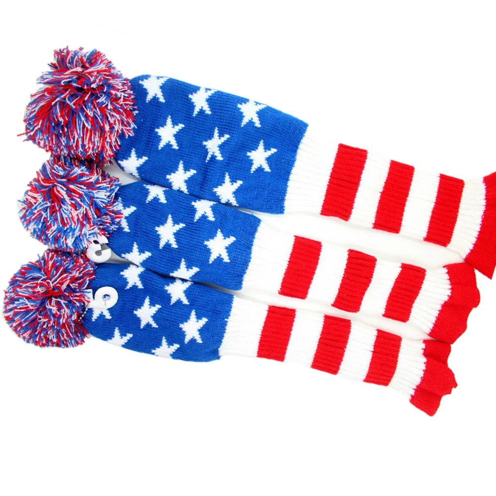 

Golf New 3Pcs 1# 3# 5# One Set Stars & Stripes Wool Knit Pom Pom Covers Golf Clubs Set Driver 3# 5# Fairway Wood headcovers