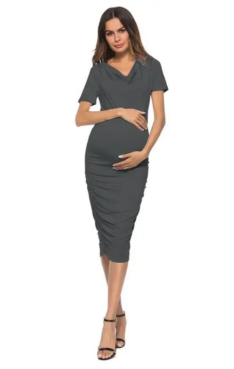 Side wrinkled short sleeved Pregnancy Dresses Gravidas Vestidos Maternity Dresses For Pregnant Women Summer Dresses Clothing new - Цвет: Темно-серый