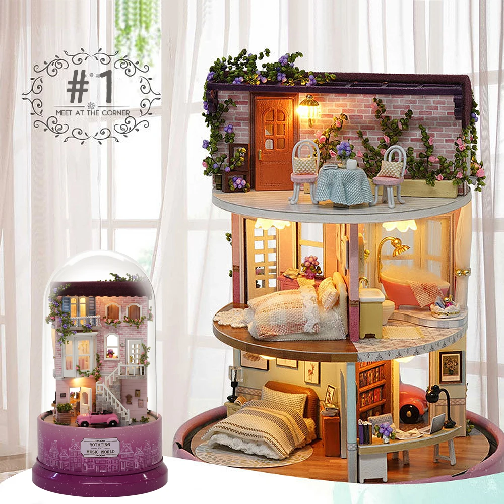 1Pcs Music Dollhouse Rotating cabin DIY Doll House with transparent cover Music box for children Christmas Gift