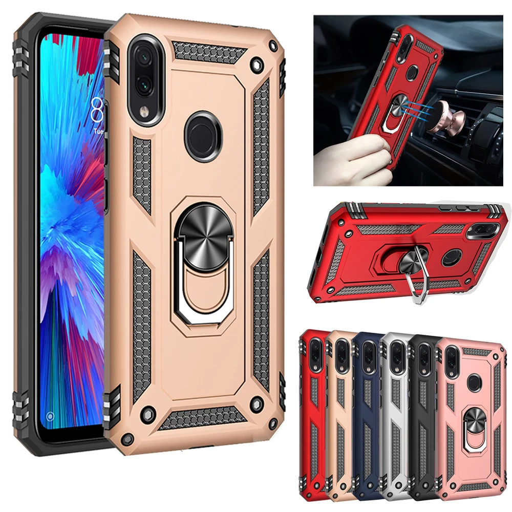 

For Xiaomi Redmi Note 7 Dual Layer Military Armor Case Magnetic Ring Stand Slim Shockproof Hard Cover Color Phone Case
