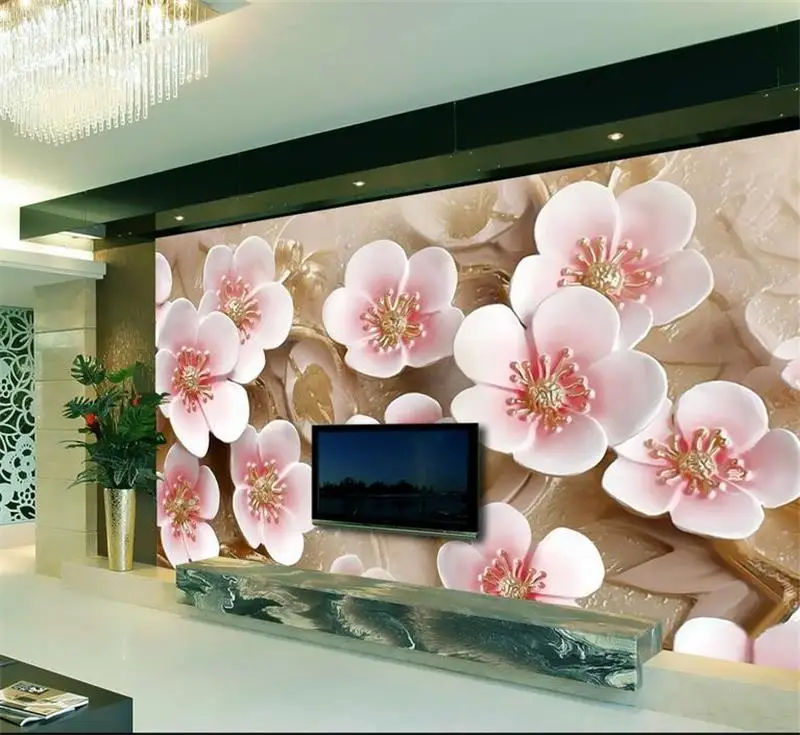 3d photo wallpaper custom room murals non-woven sticker 3D pink plum blossom relief Painting sofa TV background wall | Обустройство