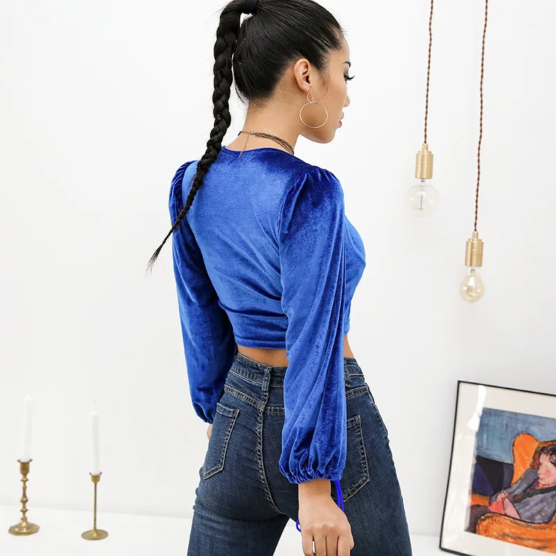 Helisopus المخملية خمر المحاصيل أعلى المرأة الخريف بلون طويل كم T قميص عارضة الشارع الشهير أعلى المحملات