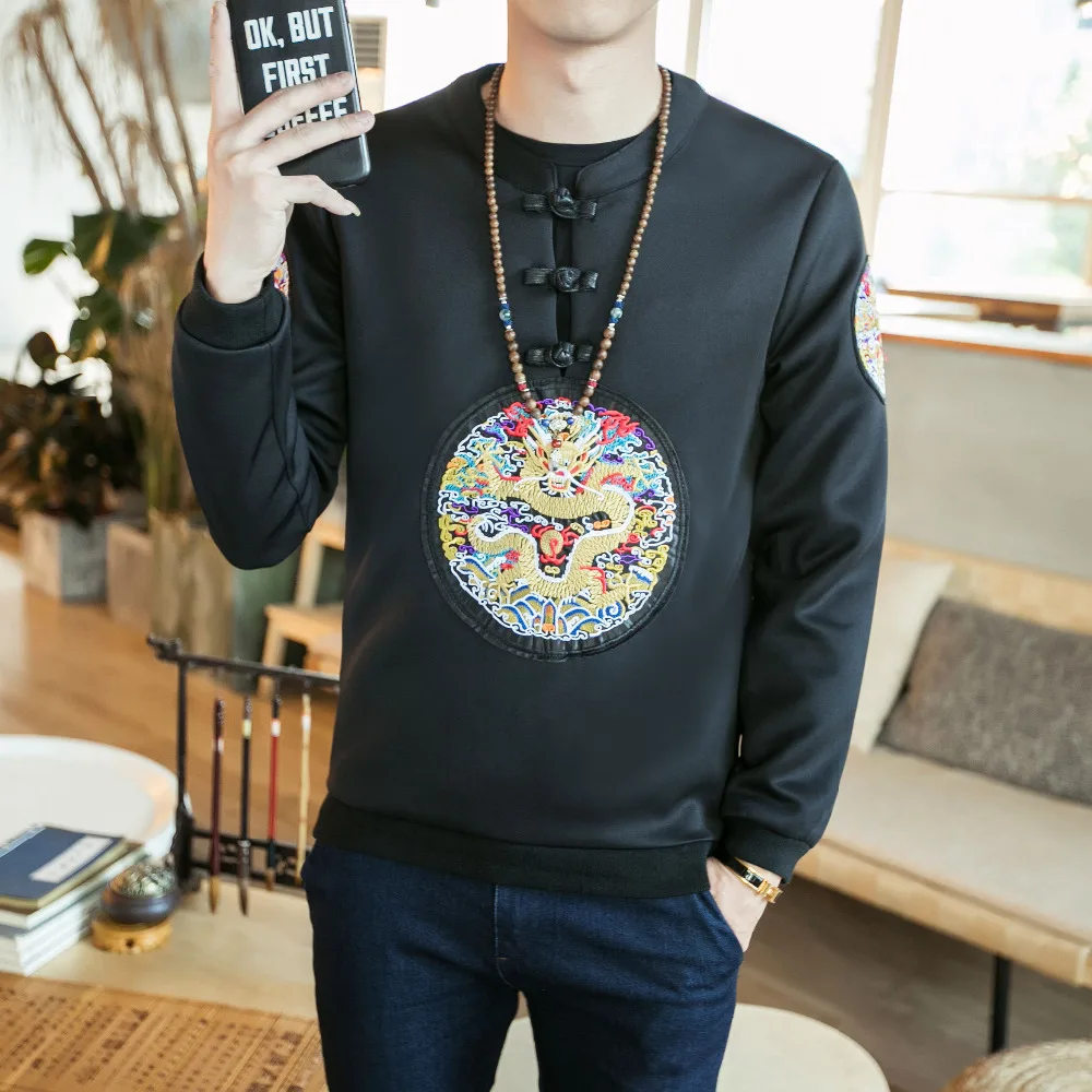 Miglior New Spring Felpa Da Uomo Pan Kou Stile Cinese Mens Hoodies Casuali Rotonda Collare Plus Size Ricamo Pullover Vestiti di Pista 5XL M