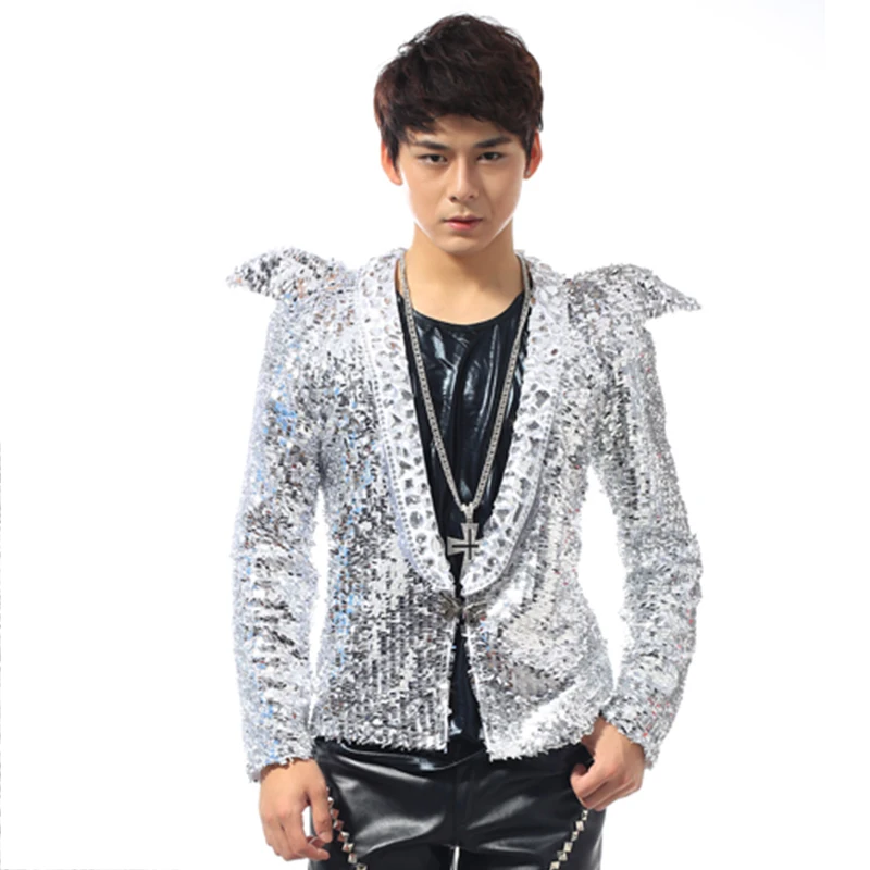 

Jazz Dance Costumes 2019 Silver Sequin Glitter Jacket Blazer Prom Male Stage Clothes Coat Men Singer Pole Dancing Clothing DT808