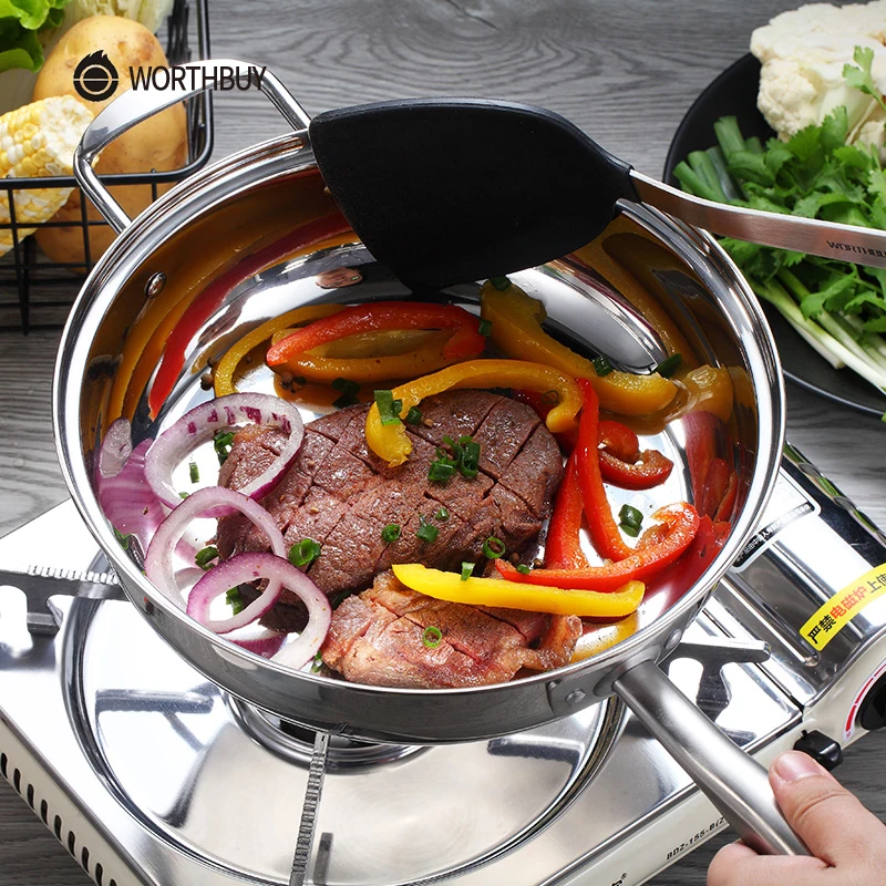 WORTHBUY 24cm Chinese Stainless Steel Frying Pan Woks Kitchen Cooking