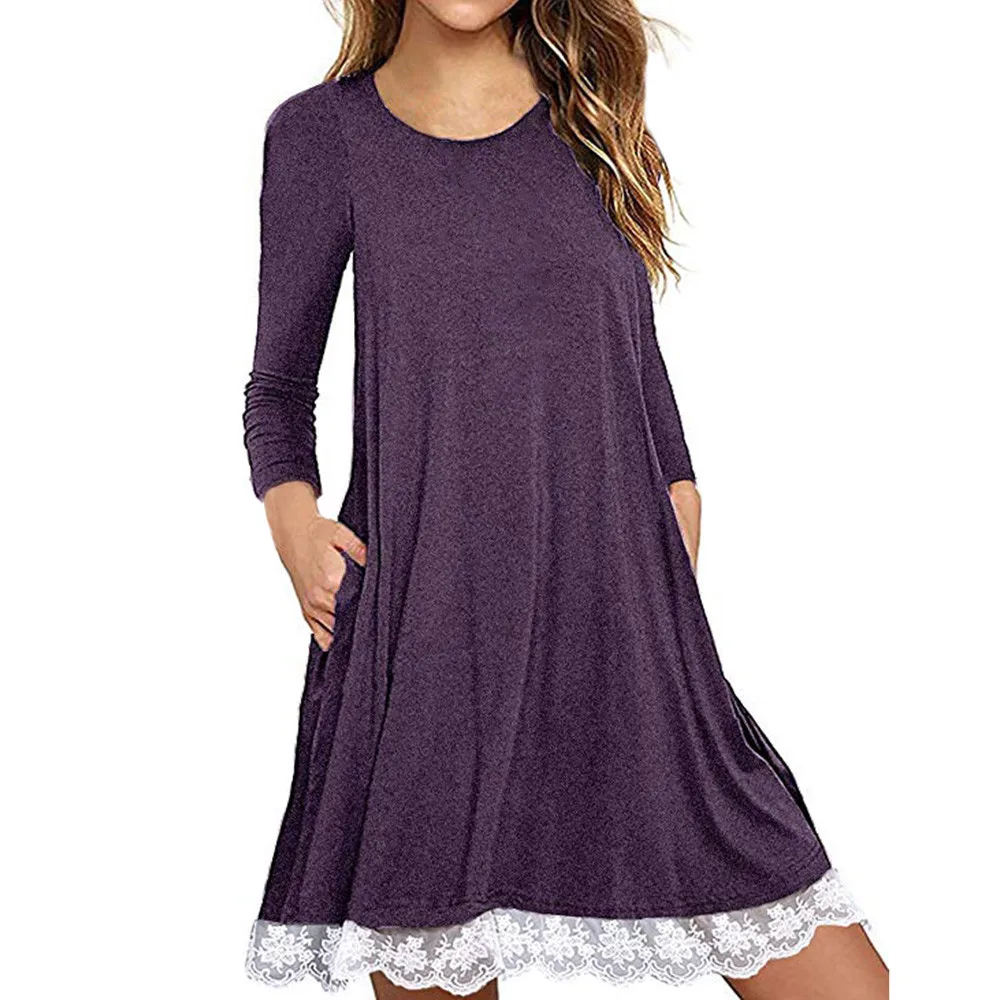 dress women summer casual Women's Long Sleeve Cotton Lace T Shirt Dress