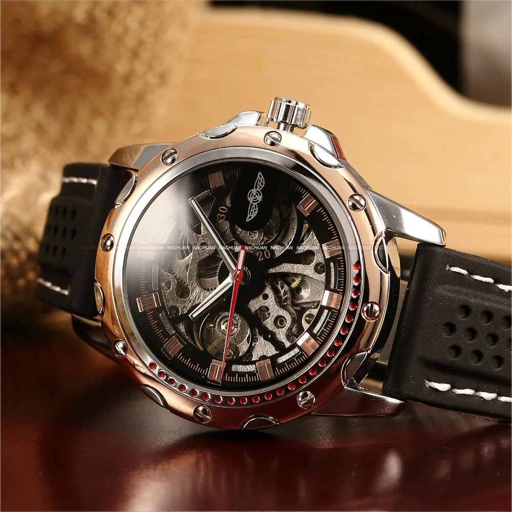 Classic Outdoor Golden Bezel Skeleton Mens Racing Sport Automatic Mechanical Black Rubber Silicone Strap Casual Self Wind Watch мазь держания skigo 62994 classic racing 1°с 3°с 45 г