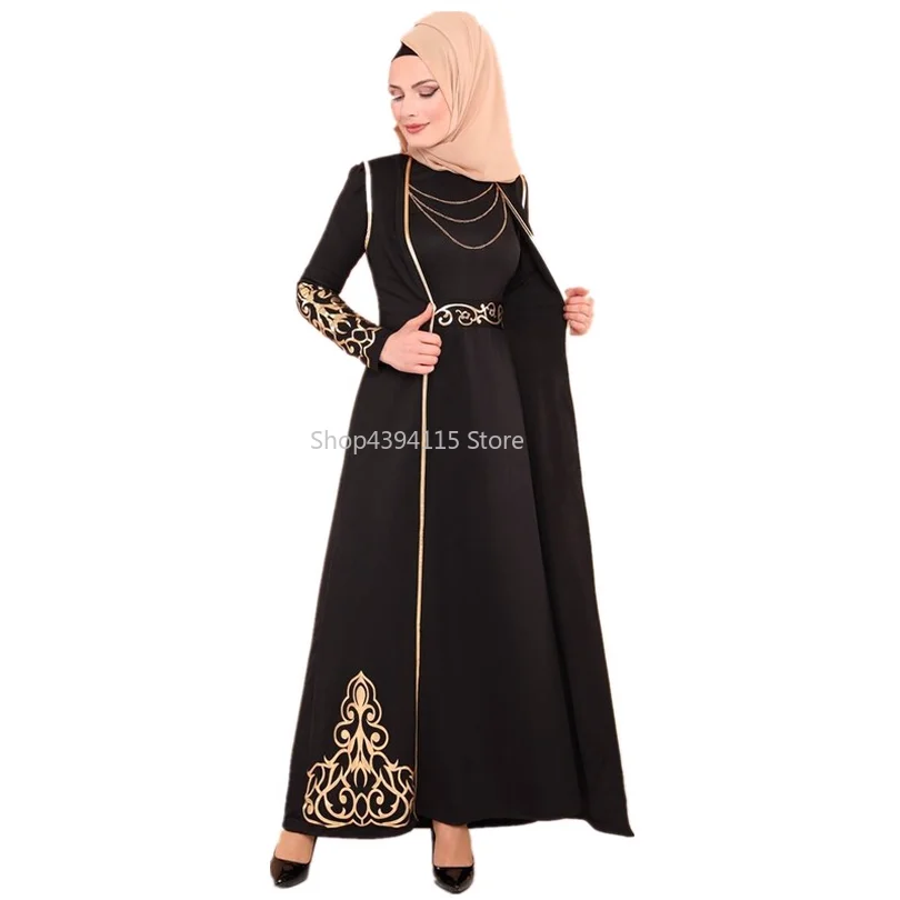 

Elegant Muslimah Hot stamping abaya Turkish Singapore full length two pieces Jilbab Dubai female Muslim Islamic dress kaftan