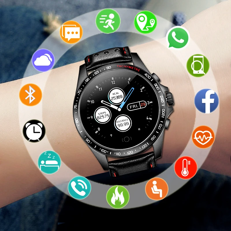 Sport Smart Watch Men For Android IOS Smartwatch Male Fitness Tracker Electronics Smart Clock Smart-watch Genuine Leather Strap