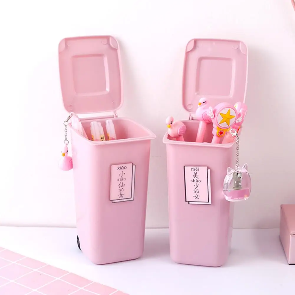 

New Style Home Cute Pink Pen Holder Pen Container Innovative Trash Can Shape Desktop Storage Box With Lid