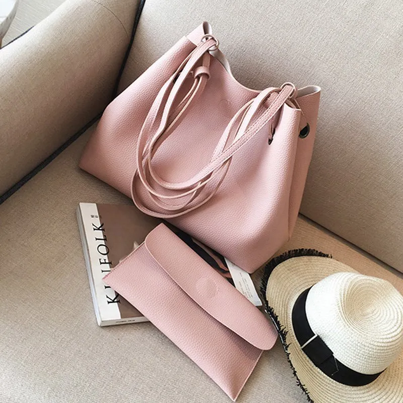 

AEQUEEN 2 PCS Bag Set Women Top Handle Handbags Large Shopping Leather Shoulder Bag Ladies Totes Composite Solid Simple Buckets