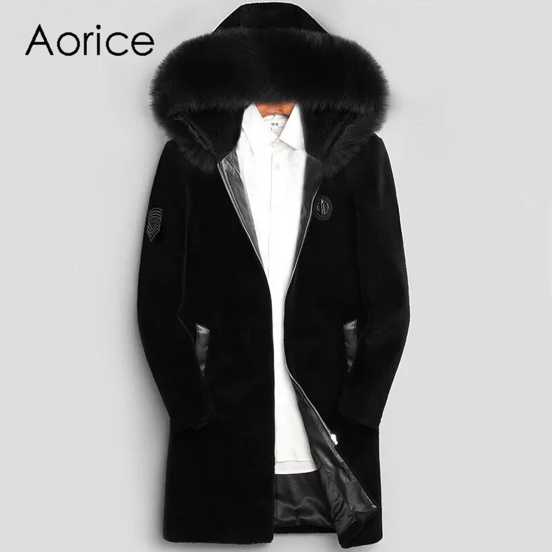 

Aorice MT804 2020 Mens Leather long Jacket Hooded Long Vintage Genuine Leather Trencht Slim Black Hood Leather Coat