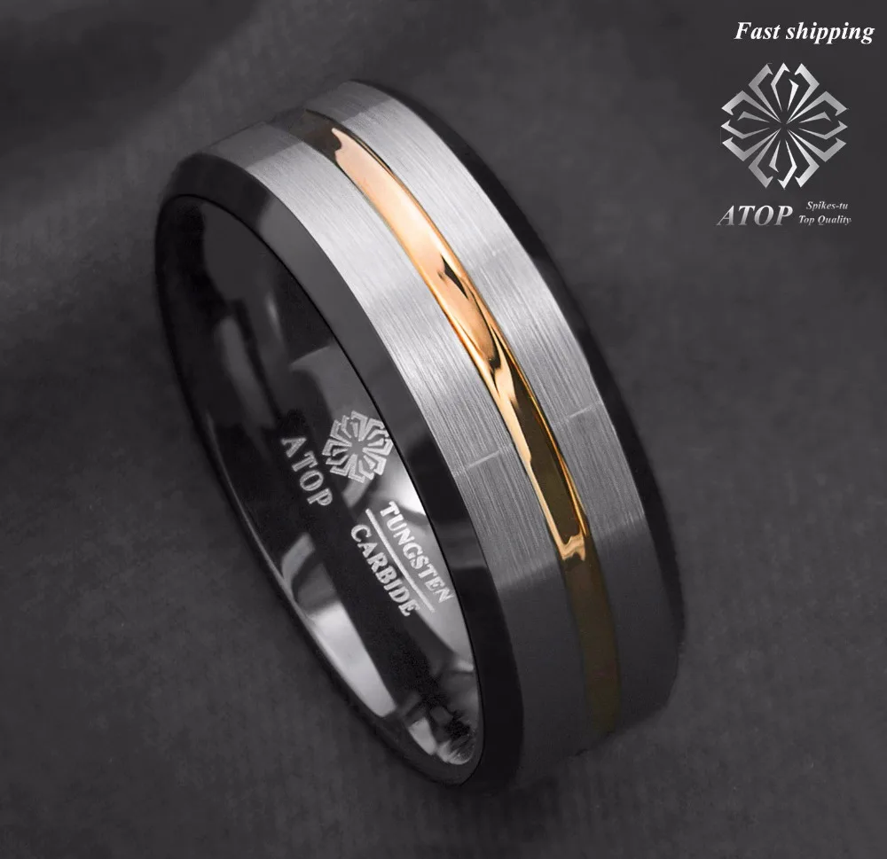 Обручальное кольцо на вершине, 8 мм, для мужчин, серебро, матовый черный край, вольфрамовое кольцо, Золотая инкрустация