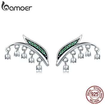 

BAMOER Real 100% 925 Sterling Silver Spring Green Tree Leaves Flower Petal Tassel Stud Earrings for Women Silver Jewelry SCE298