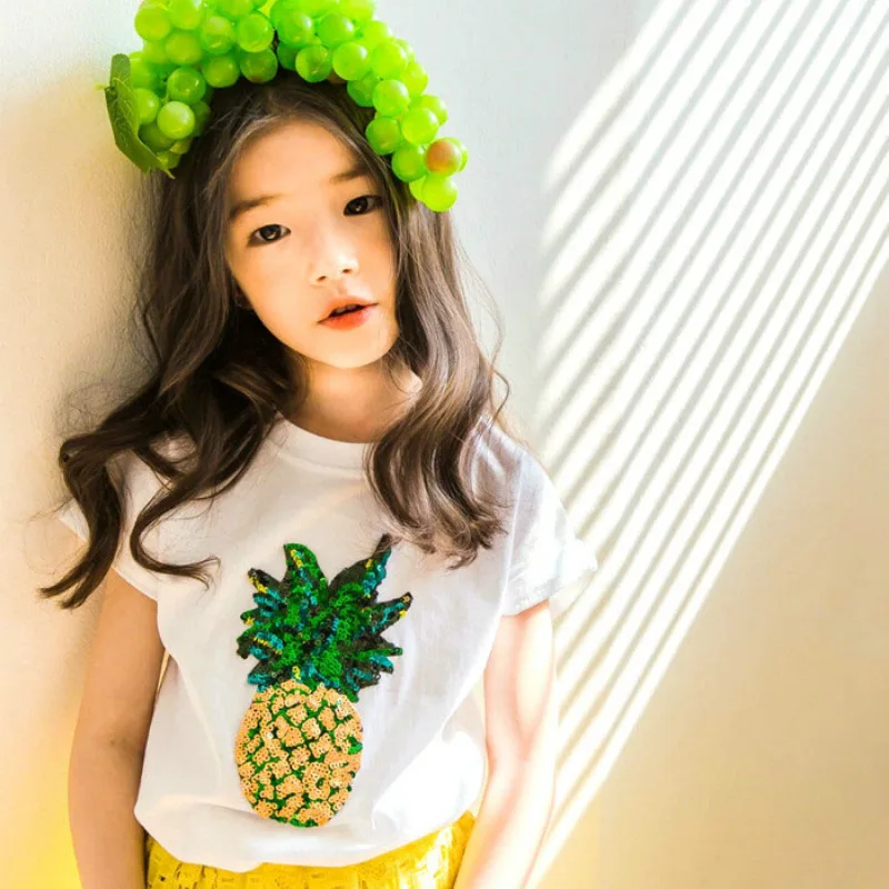 

New 2019 Girls T-shirt Kids Cotton T-shirt Summer Pure Cotton Pineapple Sequins Embroidered Children Tee Shirts for Baby,#2875
