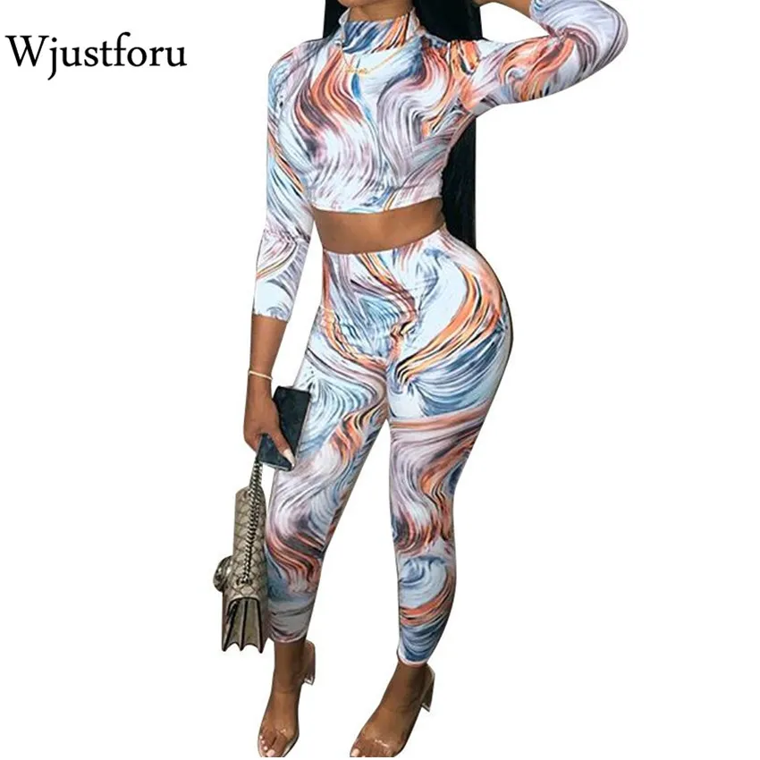 

Wjustforu Printed Fashion Casual Bodycon Two Piece Set Tight Elegant Tops And Boho Pants High Waist Vintage Elastic Jumpsuit