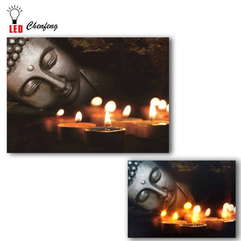 Будда Спящий с tealight Свечи Настенная картина led щелкающая холст живопись свет