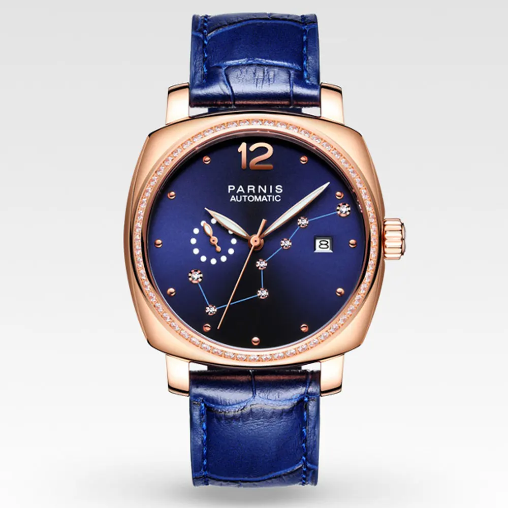

39mm parnis Blue Dial Golden plated Sapphire Crystal watch Complete Calendar 21 jewels Miyota Automatic Mechanical Women's Watch