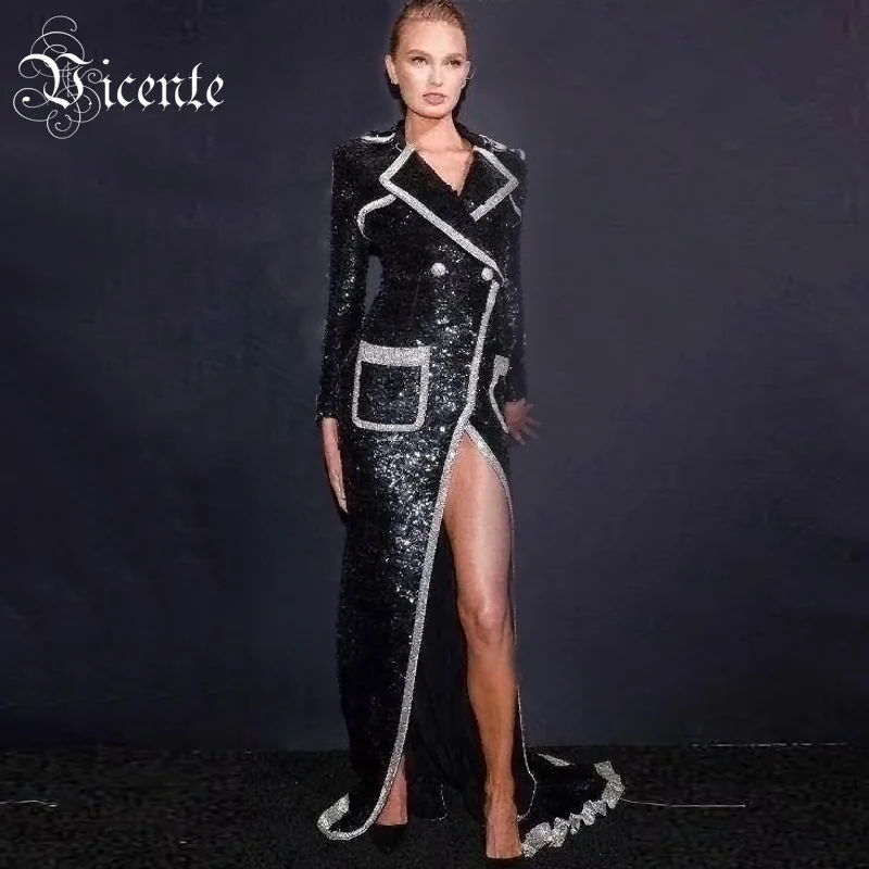 

Vicente All Free Shipping 2019 New Color Block Outwear Button Pocket Long Sleeves Deep V Neck Celebrity Party Sequins Long Coat